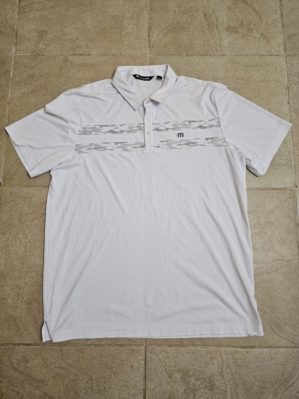 TravisMathew Men's XXL White Golf Polo Shirt Gray Camo Stripe Pima Cotton Blend